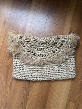 Handwoven Fringe Straw Clutch in Natural Beige